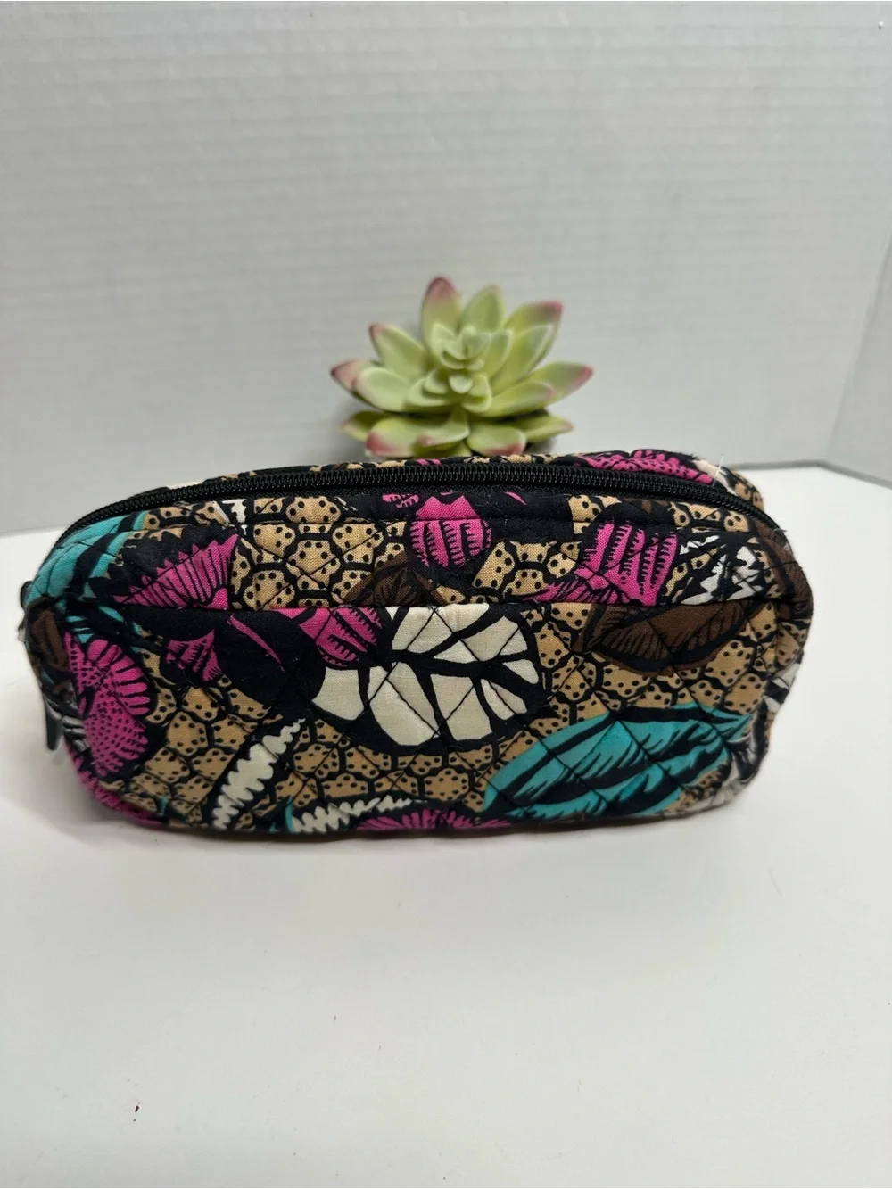 Vera Bradley Quilted Cosmetic Case in Pink Teal Cream Leaf Print